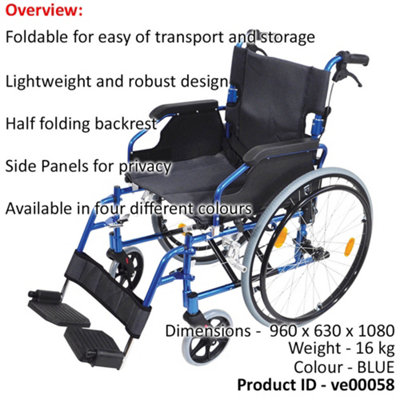 Deluxe Self Propelled Aluminium Wheelchair - Compact Foldable Design - Blue