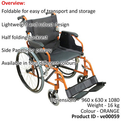 Deluxe Self Propelled Aluminium Wheelchair - Compact Foldable Design - Orange