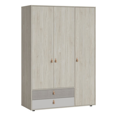 Denim 3 Door 2 Drawer Wardrobe in Light Walnut, Grey Fabric Effect and Cashmere