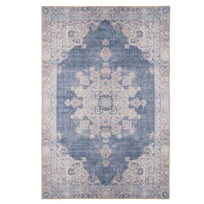 Denim Blue Vintage Medallion Anti Slip Washable Rug 240x330cm