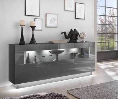 Denira 84 Contemporary Display Sideboard Cabinet 3 Hinged Doors 6 Shelves Graphie Grey Gloss (H)860mm (W)1620mm (D)400mm