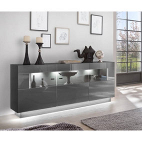 Denira 84 Contemporary Display Sideboard Cabinet 3 Hinged Doors 6 Shelves Graphie Grey Gloss (H)860mm (W)1620mm (D)400mm