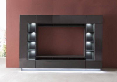 Denira VA03 Contemporary Entertainment Media Unit 4 Doors Shelves Graphite Gloss (W)2750mm (H)1900mm (D)400mm