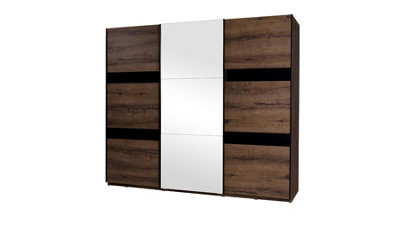 Denver 13 Sliding Door Wardrobe - Oak Monastery & Black Gloss with Mirror - W2500mm x H2150mm x D690mm