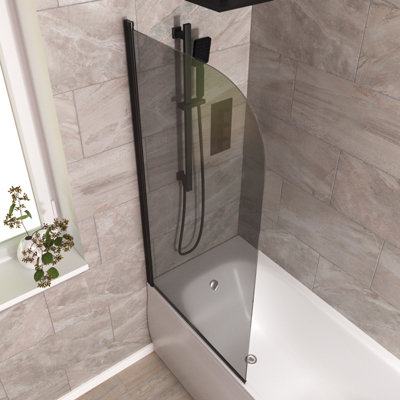 Denver 800mm Curved Bath Screen Matt Black Profile Grey Tinted Glass Reversible - 3