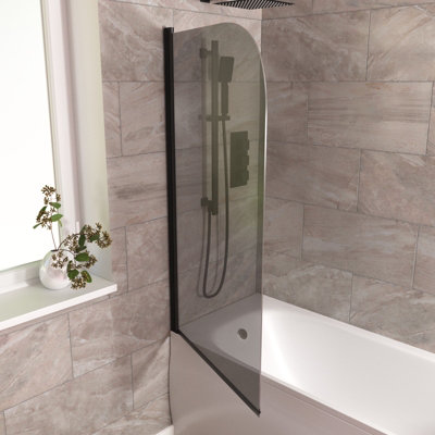Denver 800mm Curved Bath Screen Matt Black Profile Grey Tinted Glass Reversible - 4