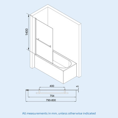 Denver Frameless Bath Shower Screen with Glass Swing Door and Towel Bar - 6