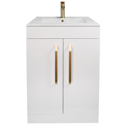 Denver Gloss White Freestanding Vanity Unit & Basin Set with Gold Tap & Handles (W)615mm (H)850mm