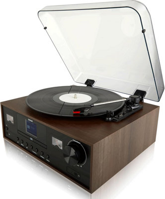Denver MRD-52 Dark Wood Hi-Fi Record Player System with CD, DAB+, FM, Bluetooth, and Wooden Speakers