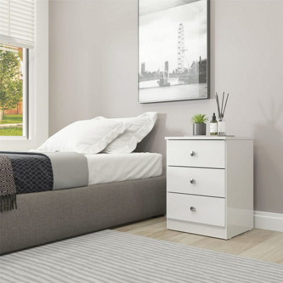 Denver White Gloss 3 Drawer Bedside Table Cabinet Nightstand Bedroom Storage