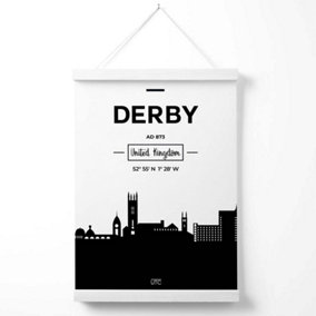 Derby Black and White City Skyline Poster with Hanger / 33cm / White