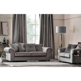 Derby Fabric Grey Sofa 3 Seater, 2 Seater Scatter Back, Scroll Arms