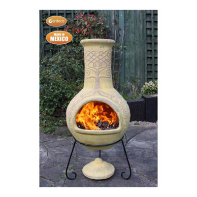 Derwyn The Tree Mexican chimenea mustard tone Celtic theme including stand and lid