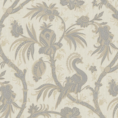 Design ID Beige Silver Floral Trail Exotic Birds Wallpaper Paste The Wall Vinyl