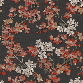 Design id Charcoal Black Cherry Blossom Floral Print Textured Vinyl Wallpaper