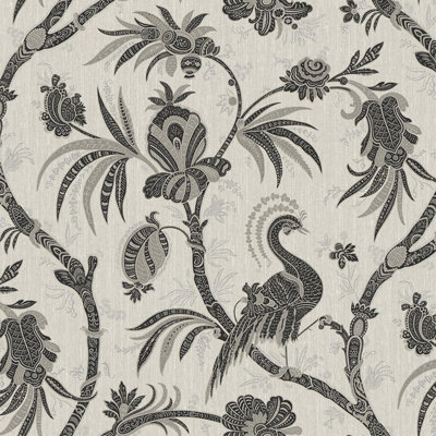 Design ID Cream Black Floral Trail Exotic Birds Wallpaper Paste The Wall Vinyl