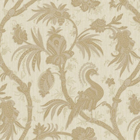 Design ID Cream Gold Floral Trail Exotic Birds Wallpaper Paste The Wall Vinyl