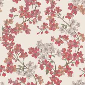 Design id Cream White Cherry Blossom Floral Print Red Petals Vinyl Wallpaper