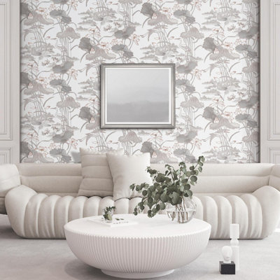 Design ID Grey Lotus Pond Wallpaper Crane Lily Pads Textured Paste The Wall