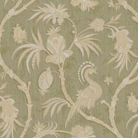 Design ID Sage Green Floral Trail Exotic Birds Wallpaper Paste The Wall Vinyl
