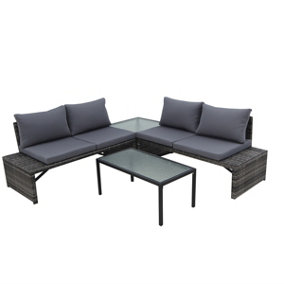 DesignDrop- Filippo Rattan Lounge Set- 4 Seats- Table Included- Tempered Glass Table Top- Grey