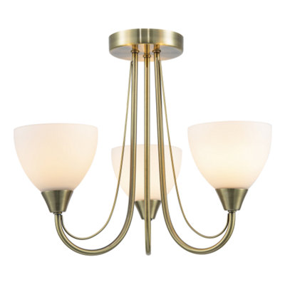 Designer Antique Brass Three Arm Ceiling Light with Opal White Glass Shades