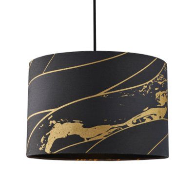 Designer Black Cotton Fabric Lamp Shade with Gold Foil Lines and Waves Decor