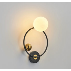 Designer black ring with frosted white globe wall lamp