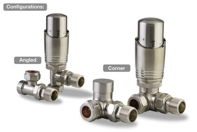 Designer Brushed Nickel Thermostatic Radiator Valve Twin Pack TRV Corner