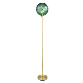 Designer Chic Floor Lamp with Brushed Gold Base and Emerald Green Glass Shade