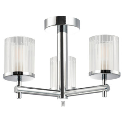 Designer Chrome IP44 Rated Bathroom Ceiling Light with Ribbed Glass Shades