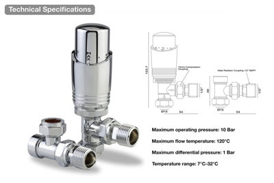 Designer Chrome Thermostatic Radiator Valve Twin Pack TRV Angled