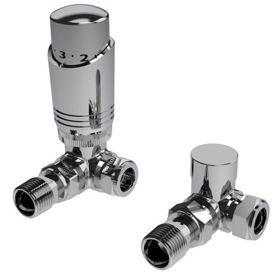 Designer Chrome Thermostatic Radiator Valve Twin Pack TRV Corner 15mm