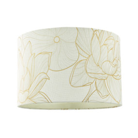 Designer Cream Linen Fabric 12 Inch Lampshade with Large Shiny Gold Foil Flowers