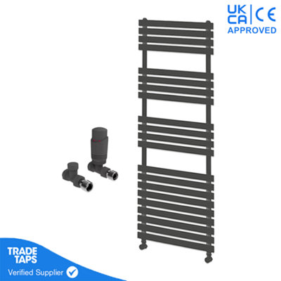 Designer Delta Anthracite Flat Panel Towel Radiator Heated Ladder Rail - 1424 x 500mm - Straight TRV Valve Pair