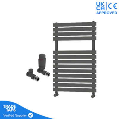 Designer Delta Anthracite Flat Panel Towel Radiator Heated Ladder Rail - 780 x 500mm - Straight TRV Valve Pair