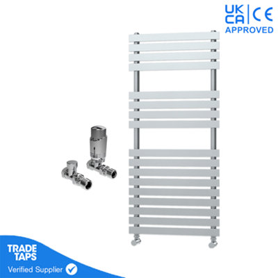 Designer Delta Chrome Flat Panel Towel Radiator Heated Ladder Rail - 1106 x 500mm - Straight TRV Valve Pair