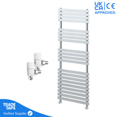 Designer Delta Chrome Flat Panel Towel Radiator Heated Ladder Rail - 1424 x 500mm - Angled Manual Square Valve Pair