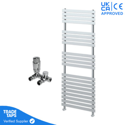 Designer Delta Chrome Flat Panel Towel Radiator Heated Ladder Rail - 1424 x 500mm - Corner TRV Valve Pair