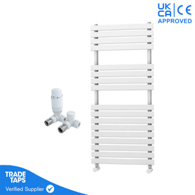Designer Delta White Flat Panel Towel Radiator Heated Ladder Rail - 1106 x 500mm - Corner TRV Valve Pair