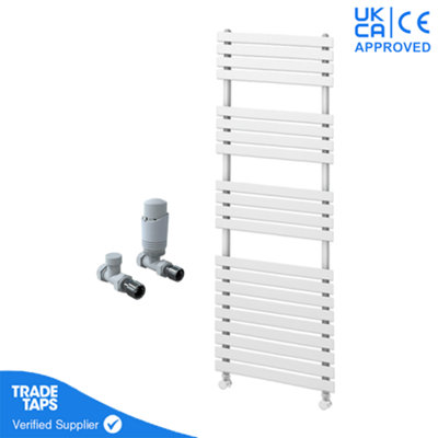 Designer Delta White Flat Panel Towel Radiator Heated Ladder Rail - 1424 x 500mm - Straight TRV Valve Pair