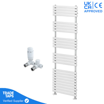 Designer Delta White Flat Panel Towel Radiator Heated Ladder Rail - 1742 x 500mm - Corner TRV Valve Pair