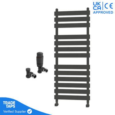 Designer Marvella Anthracite Flat Panel Towel Radiator Heated Ladder Rail - 1300 x 500mm - Angled TRV Valve Pair