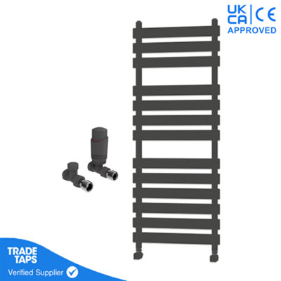 Designer Marvella Anthracite Flat Panel Towel Radiator Heated Ladder Rail - 1300 x 500mm - Straight TRV Valve Pair