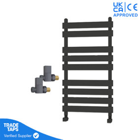 Designer Marvella Anthracite Flat Panel Towel Radiator Heated Ladder Rail - 950 x 500mm - Straight Manual Square Valve Pair