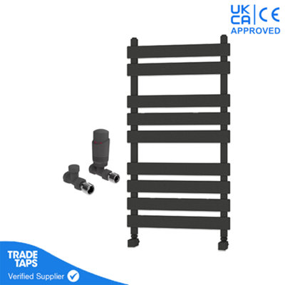Designer Marvella Anthracite Flat Panel Towel Radiator Heated Ladder Rail - 950 x 500mm - Straight TRV Valve Pair