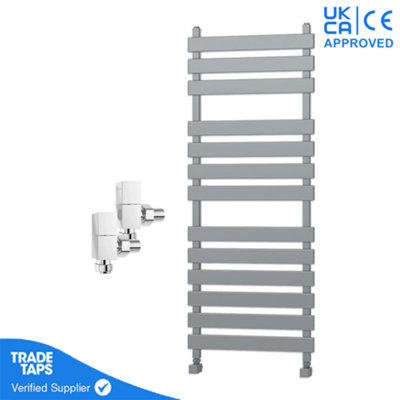 Designer Marvella Chrome Flat Panel Towel Radiator Heated Ladder Rail - 1300 x 500mm - Angled Manual Square Valve Pair