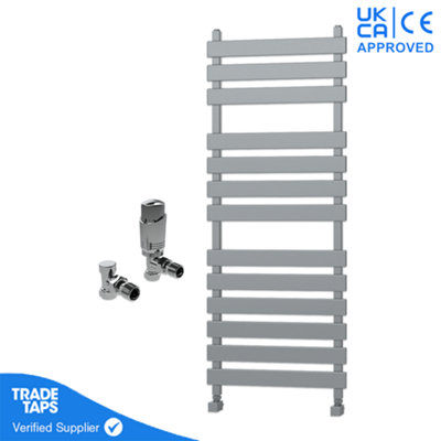 Designer Marvella Chrome Flat Panel Towel Radiator Heated Ladder Rail - 1300 x 500mm - Angled TRV Valve Pair