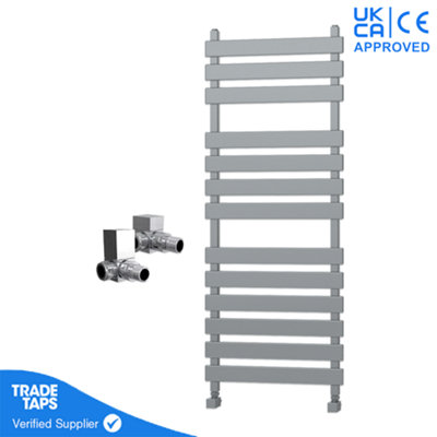 Designer Marvella Chrome Flat Panel Towel Radiator Heated Ladder Rail - 1300 x 500mm - Corner Manual Square Valve Pair