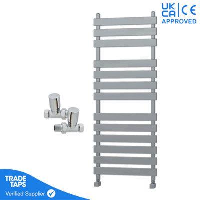 Designer Marvella Chrome Flat Panel Towel Radiator Heated Ladder Rail - 1300 x 500mm - Straight Manual Round Valve Pair